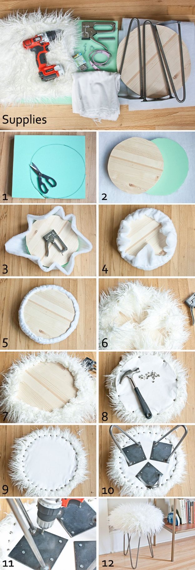 Faux Fur Stool with Hairpin Legs