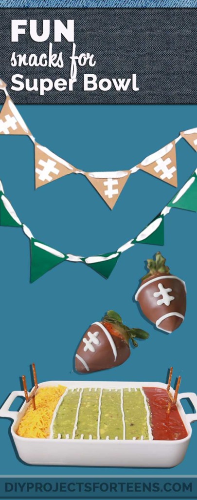 Fun Superbowl Snack Recipes and Ideas for Easy but Cool Party Food | How To Make Chocolate Covered Strawberry Footballs and Football Field 7 Layer Dip with Field Goal Pretzels | Fun and Easy Super Bowl Party Decor and Appetizers http://diyprojectsforteens.com/super-bowl-snacks-recipes/