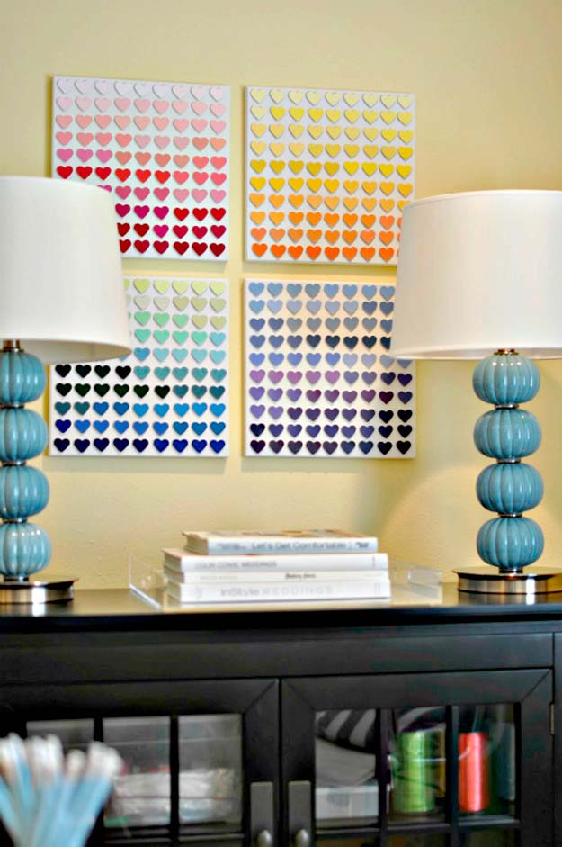 DIY Wall Art Ideas for Teen Rooms - DIY Paint Chip Hear Art - Cheap and Easy Wall Art Projects for Teenagers - Girls and Boys Crafts for Walls in Bedrooms - Fun Home Decor on A Budget - Cool Canvas Art, Paintings and DIY Projects for Teens http://diyprojectsforteens.com/diy-wall-art-teens