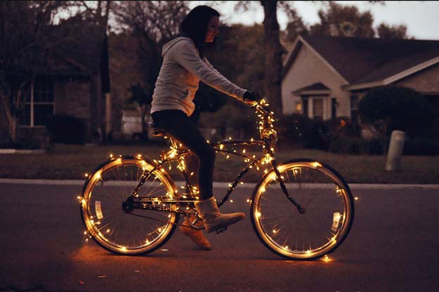 Cool Ways To Use Christmas Lights - DIY Christmas Lights On Bicycle - Best Easy DIY Ideas for String Lights for Room Decoration, Home Decor and Creative DIY Bedroom Lighting - Creative Christmas Light Tutorials with Step by Step Instructions - Creative Crafts and DIY Projects for Teens, Teenagers and Adults http://diyprojectsforteens.com/diy-projects-string-lights