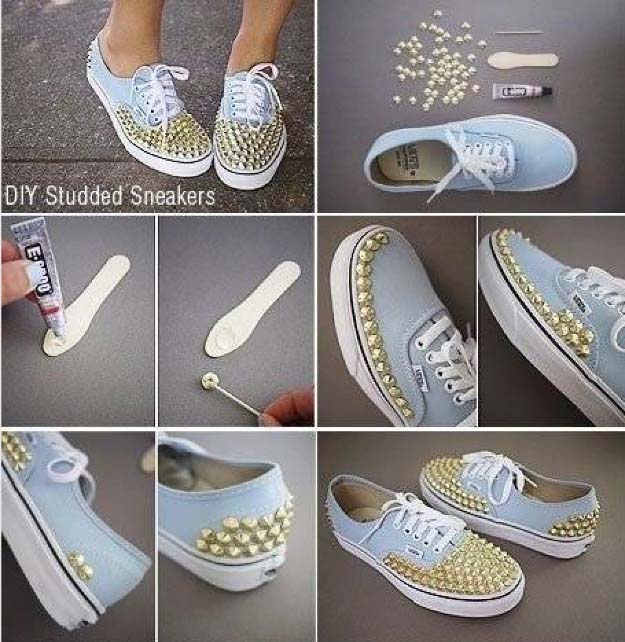 Cool DIY Fashion Ideas | Fun Do It Yourself Fashion projects | Learn how to refashion and sew jeans, T-shirts, skirts, and more | Studded Sneakers #diyideas #diyclothes #teencrafts