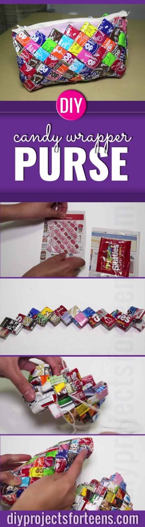 Fun and Easy DIY Crafts are Perfect for Teen Girls and Even Adults. Creative DIY Gift idea, this step by step tutorial and video shows your how to make fun fashion with a homemade candy wrapper purse.