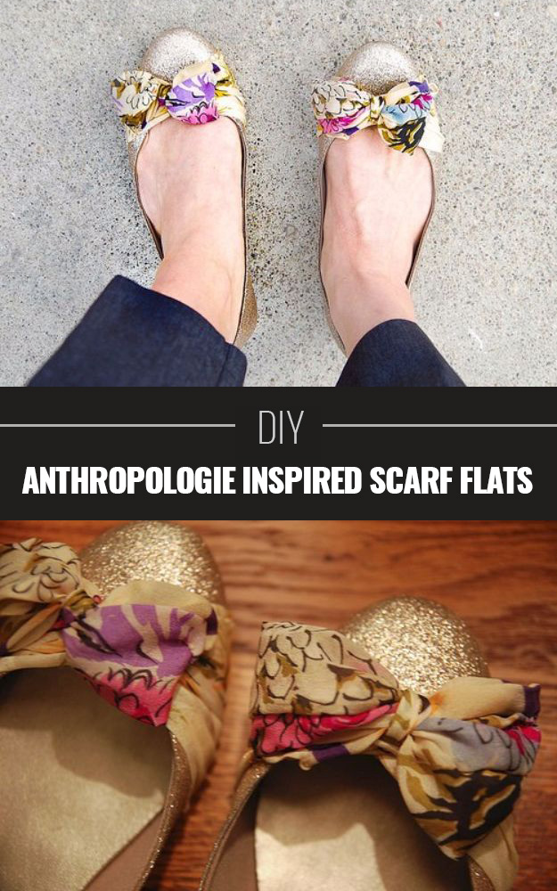 Anthropologie DIY Hacks, Clothes, Sewing Projects and Jewelry Fashion - Pillows, Bedding and Curtains - Tables and furniture - Mugs and Kitchen Decorations - DIY Room Decor and Cool Ideas for the Home | DIY-Anthropologie-Scarf-Flats| http://diyprojectsforteens.com/diy-anthropologie-hacks
