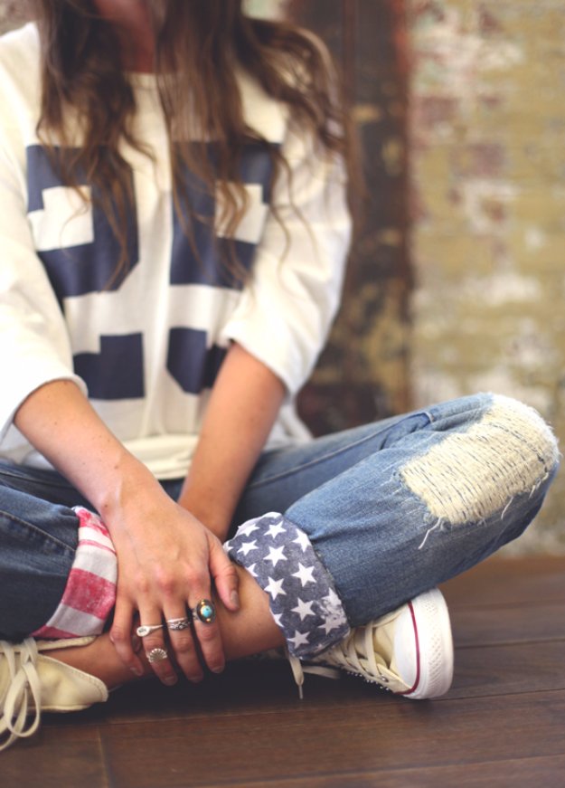 Jeans Makeovers - DIY American Flag Cuffs - Easy Crafts and Tutorials to Refashion Your Jeans and Create Ripped, Distressed, Bleach, Lace Edge, Cut Off, Skinny, Shorts, and Painted Jeans Ideas #diyclothes #teenclothes #jeans #teencrafts #diyideas