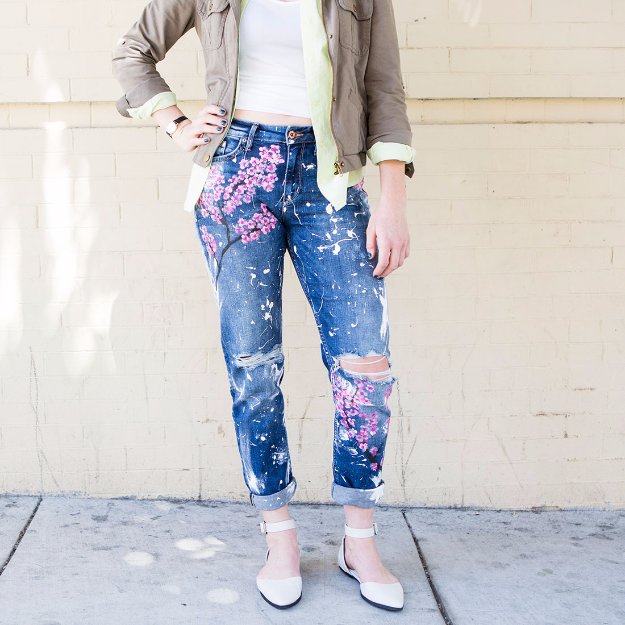 Jeans Makeovers - DIY Cherry Blossom Boyfriend Jeans - Easy Crafts and Tutorials to Refashion Your Jeans and Create Ripped, Distressed, Bleach, Lace Edge, Cut Off, Skinny, Shorts, and Painted Jeans Ideas #diyclothes #teenclothes #jeans #teencrafts #diyideas