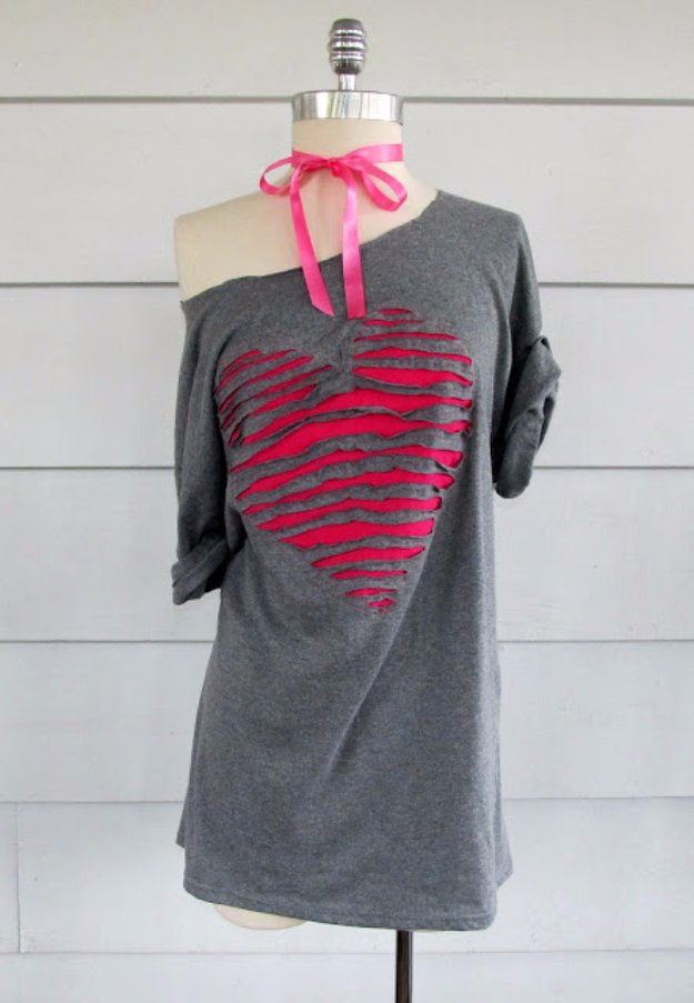 T-Shirt Makeovers - DIY Peek-A-Boo Heart Shaped Off Shoulder T-Shirt - Awesome Way to Upcycle Tees - Cool No Sew Tshirt Cutting Tutorials, Simple Summer Cutouts, How To Make Halter Tops and T-Shirt Dresses. Easy Tutorials and Instructions for Teens and Adults #tshircrafts #teenclothes #teenfashion #teendiy #teencrafts