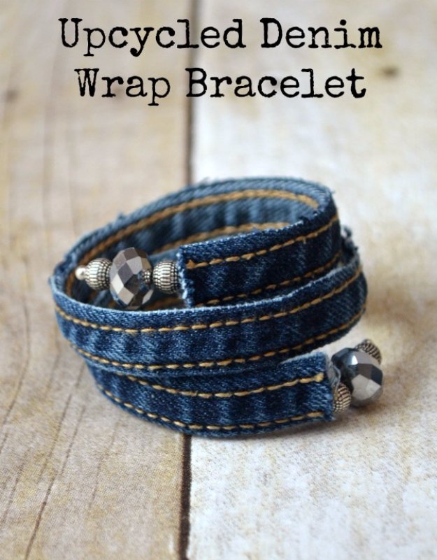  DIY Crafts with Old Denim Jeans - Upcycled Denim Wrap Bracelet - Cool Projects and Fashion You Can Make With Old Jeans - Fun Crafts for Teens and Adults, Inexpensive Ones!