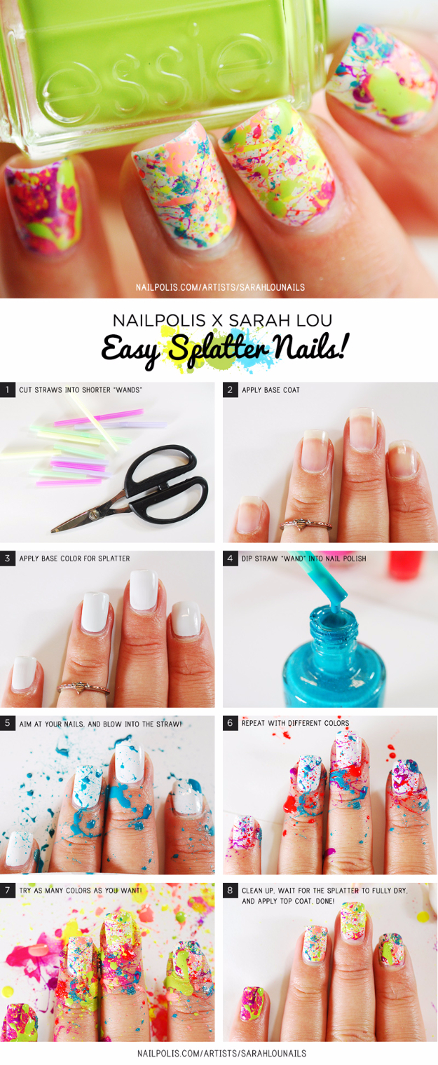 Awesome Nail Art Patterns And Ideas - Easy Splatter Nail Tutorial - Step by Step DIY Nail Design Tutorials for Simple Art, Tribal Prints, Best Black and White Manicures. Easy and Fun Colors, Shapes and Designs for Your Nails http://diyprojectsforteens.com/best-nail-art-patterns-tutorials