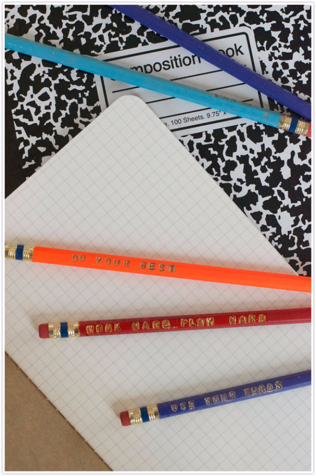 DIY School Supplies You Need For Back To School - Stamped Pencils - Cuter, Cool and Easy Projects for Teens, Tweens and Kids to Make for Middle School and High School. Fun Ideas for Backpacks, Pencils, Notebooks, Organizers, Binders #diyschoolsupplies #backtoschool #teencrafts