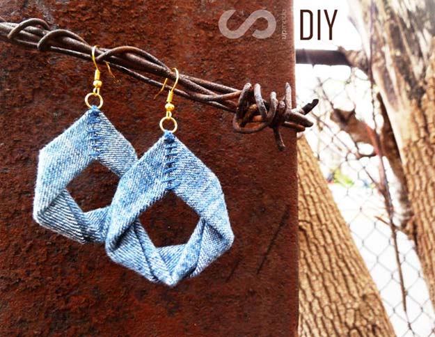 DIY Earrings and Homemade Jewelry Projects - Upcycled Denim Earrings - Easy Studs, Ideas with Beads, Dangle Earring Tutorials, Wire, Feather, Simple Boho, Handmade Earring Cuff, Hoops and Cute Ideas for Teens and Adults #diygifts #diyteens #teengifts #teencrafts #diyearrings