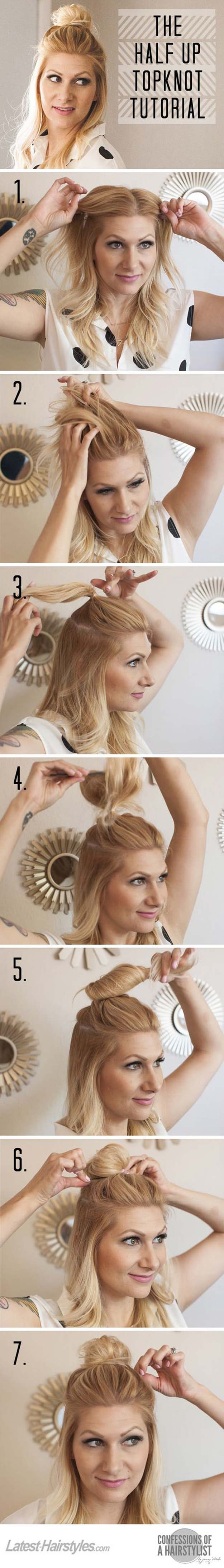 Cool and Easy DIY Hairstyles - The Half Up Top Knot - Quick and Easy Ideas for Back to School Styles for Medium, Short and Long Hair - Fun Tips and Best Step by Step Tutorials for Teens, Prom, Weddings, Special Occasions and Work. Up dos, Braids, Top Knots and Buns, Super Summer Looks #hairstyles #hair #teens #easyhairstyles #diy #beauty