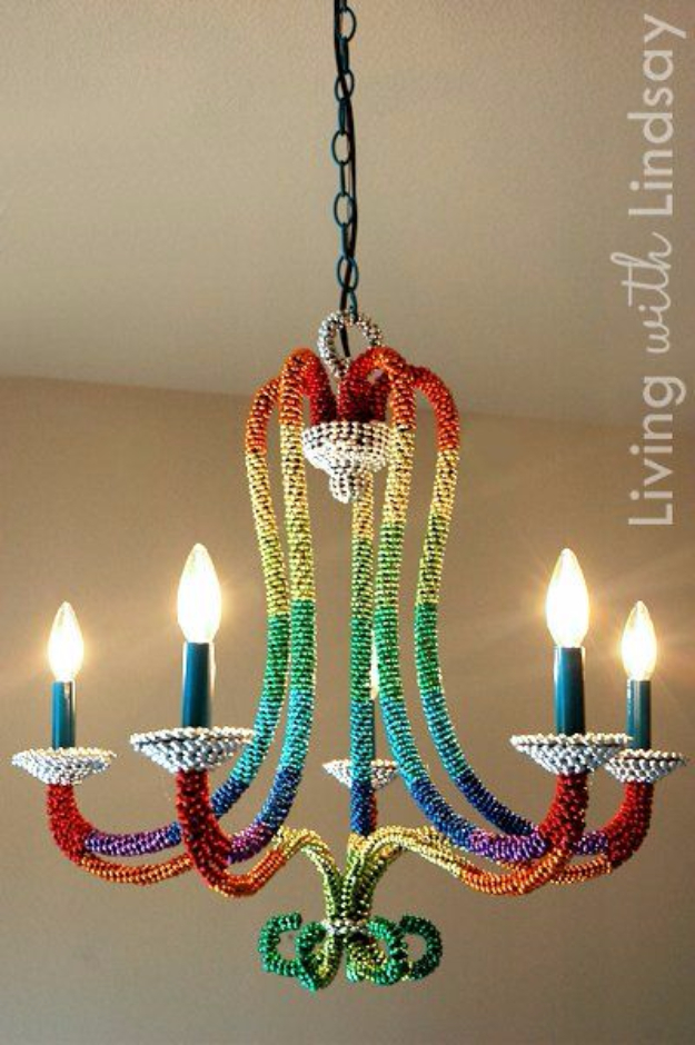 DIY Lighting Ideas for Teen and Kids Rooms - Rainbow Beaded Chandelier - Fun DIY Lights like Lamps, Pendants, Chandeliers and Hanging Fixtures for the Bedroom plus cool ideas With String Lights. Perfect for Girls and Boys Rooms, Teenagers and Dorm Room Decor 