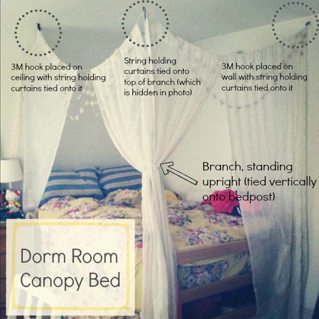 DIY Dorm Room Decor Ideas - Dorm Room Canopy Bed - Cheap DIY Dorm Decor Projects for College Rooms - Cool Crafts, Wall Art, Easy Organization for Girls - Fun DYI Tutorials for Teens and College Students #diyideas #roomdecor #diy #collegelife #teencrafts
