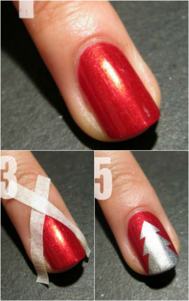 Cool DIY Nail Art Designs and Patterns for Christmas and Holidays - DIY Tape Christmas tree design - Do It Yourself Manicure Ideas With Christmas Trees, Candy Canes, Snowflakes and Glittery Designs for Holiday Nails - Step by Step Tutorials and Instructions http://diyprojectsforteens.com/holiday-nail-art-patterns/