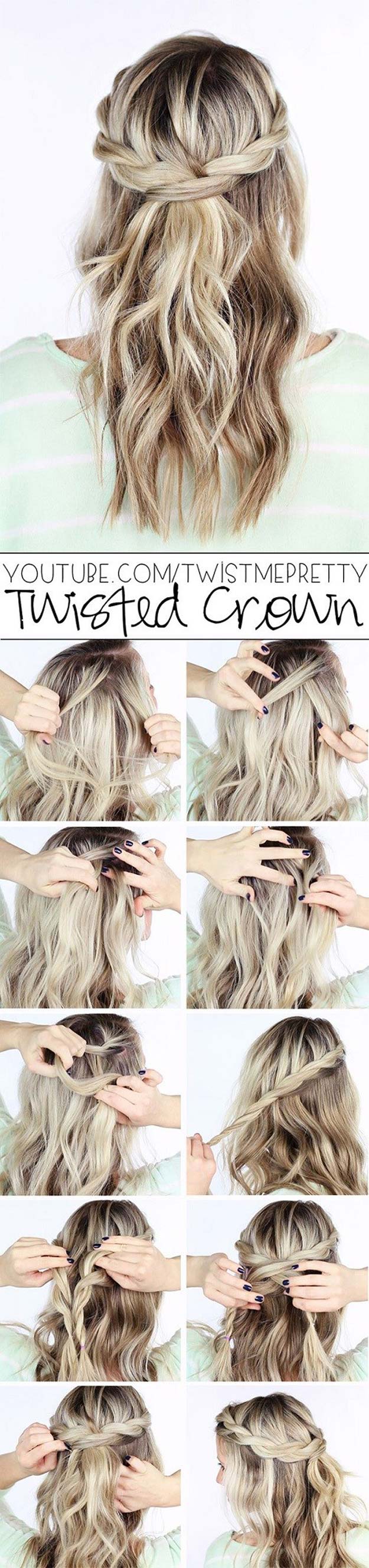 Best Hair Braiding Tutorials - Twisted Crown Braid Tutorial - Easy Step by Step Tutorials for Braids - How To Braid Fishtail, French Braids, Flower Crown, Side Braids, Cornrows, Updos - Cool Braided Hairstyles for Girls, Teens and Women - School, Day and Evening, Boho, Casual and Formal Looks #hairstyles #braiding #braidingtutorials #diyhair 