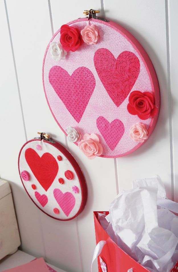 DIY Valentine Decor Ideas - Valentine’s Day Embroidery Hoops–w/ Mod Podge Rocks - Cute and Easy Home Decor Projects for Valentines Day Decorating - Best Homemade Valentine Decorations for Home, Tables and Party, Kids and Outdoor - Romantic Vintage Ideas - Cheap Dollar Store and Dollar Tree Crafts 
