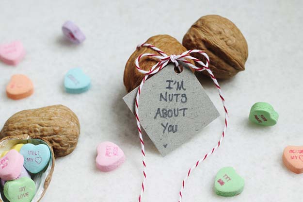DIY Valentine Gifts - “I’m Nuts About You” Walnut Valentine - Gifts for Her and Him, Teens, Teenagers and Tweens - Mason Jar Ideas, Homemade Cards, Cheap and Easy Gift Ideas for Valentine Presents 