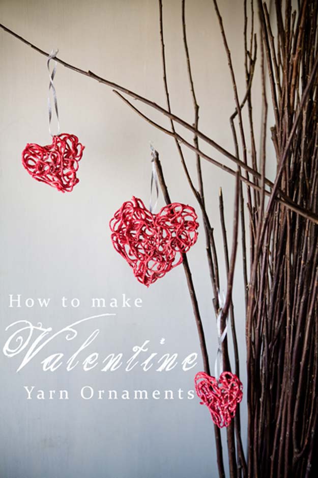 DIY Valentine Decor Ideas - Valentine Yarn Ornaments Tutorial - Cute and Easy Home Decor Projects for Valentines Day Decorating - Best Homemade Valentine Decorations for Home, Tables and Party, Kids and Outdoor - Romantic Vintage Ideas - Cheap Dollar Store and Dollar Tree Crafts 