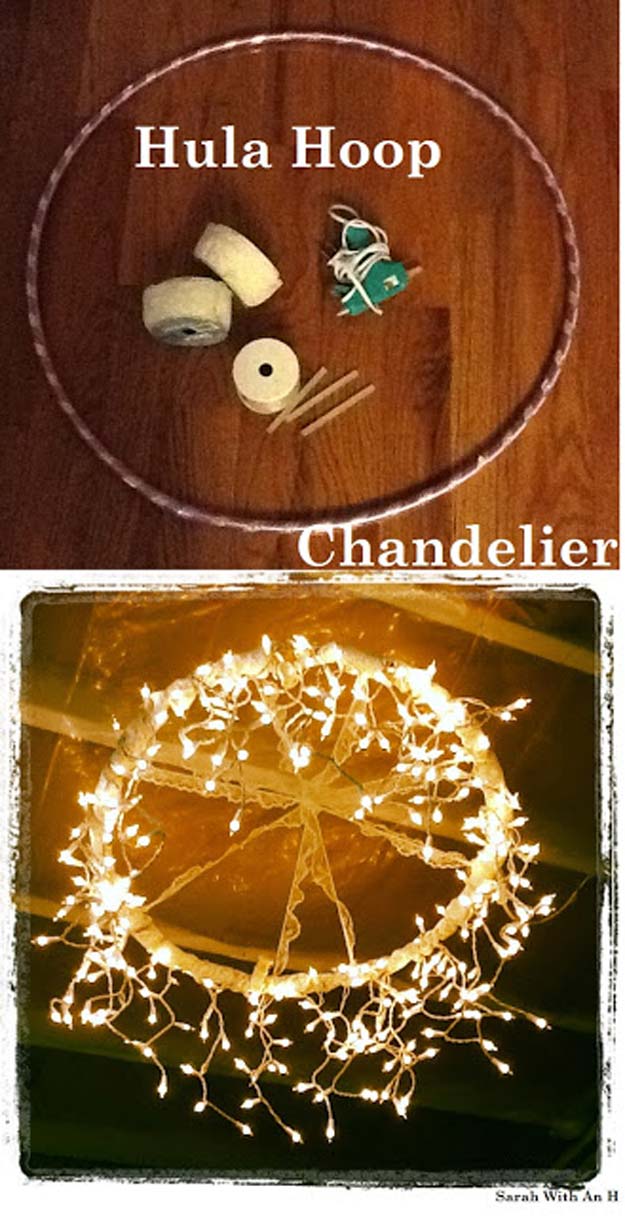 Cool Ways To Use Christmas Lights - Hula Hoop Chandelier - Best Easy DIY Ideas for String Lights for Room Decoration, Home Decor and Creative DIY Bedroom Lighting - Creative Christmas Light Tutorials with Step by Step Instructions - Creative Crafts and DIY Projects for Teens, Teenagers and Adults http://diyprojectsforteens.com/diy-projects-string-lights