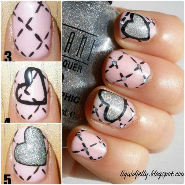 Valentine Nail Art Ideas - Quilted Heart Nail Art Tutorial - Cute and Cool Looks For Valentines Day Nails - Hearts, Gradients, Red, Black and Pink Designs - Easy Ideas for DIY Manicures with Step by Step Tutorials - Fun Ideas for Teens, Teenagers and Women 