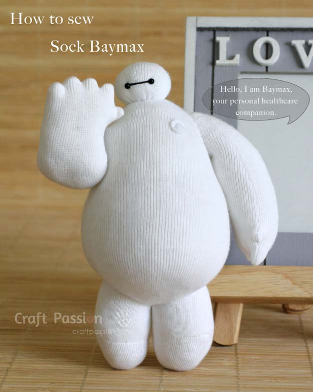Cool Crafts Made With Old Socks - Sock Baymax Sewing Patern - Fun DIY Projects and Gifts You Can Make With A Sock - Easy DIY Ideas for Teens, Teenagers, Kids and Adults - Step by Step Tutorials and Instructions for Making Room Decor, Animals, Cat, Rabbit, Owl, Puppets, Snowman, Gloves 