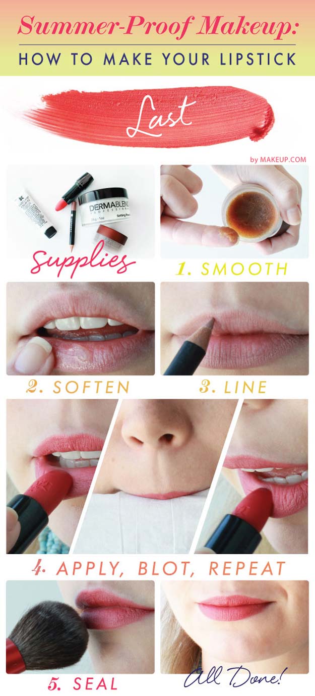 Lipstick Tutorials - Best Step by Step Makeup Tutorial How To - Summer-Proof Makeup How to Make Your Lipstick Last - Easy and Quick Ways to Apply Lipstick and Awesome Beauty Ideas - Cool Ideas for Teen Makeup for School, Party and Special Occasion - Makeup Tutorials for Beginners - Lip Liner Tips and Tricks to Add Volume, DIY Lip Techniques for Fuller Lips - DIY Projects and Crafts for Teens 