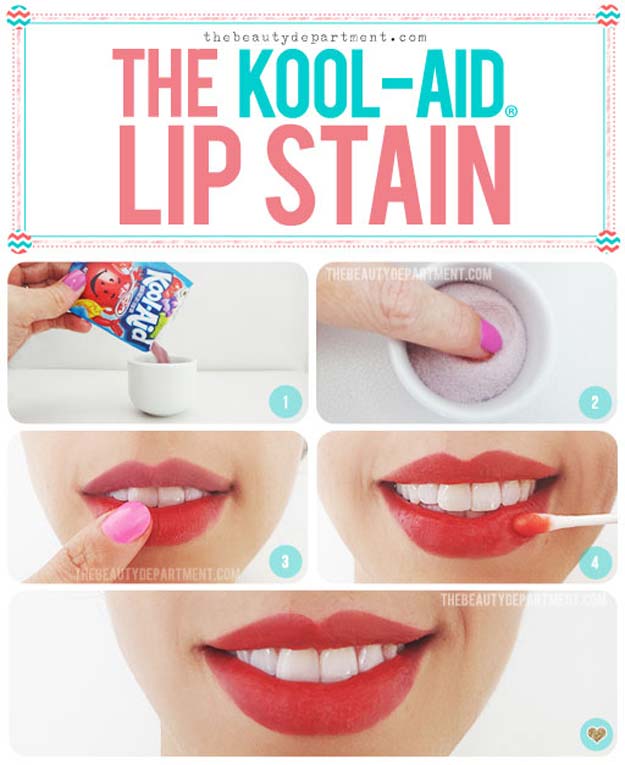 Best Beauty Hacks - Kool Aid Lip Stain - Easy Makeup Tutorials and Makeup Ideas for Teens, Beginners, Women, Teenagers - Cool Tips and Tricks for Mascara, Lipstick, Foundation, Hair, Blush, Eyeshadow, Eyebrows and Eyes - Step by Step Tutorials and How To #beautyhacks #beautyideas #makeuptutorial #makeuphakcs #makeup #hair #teens