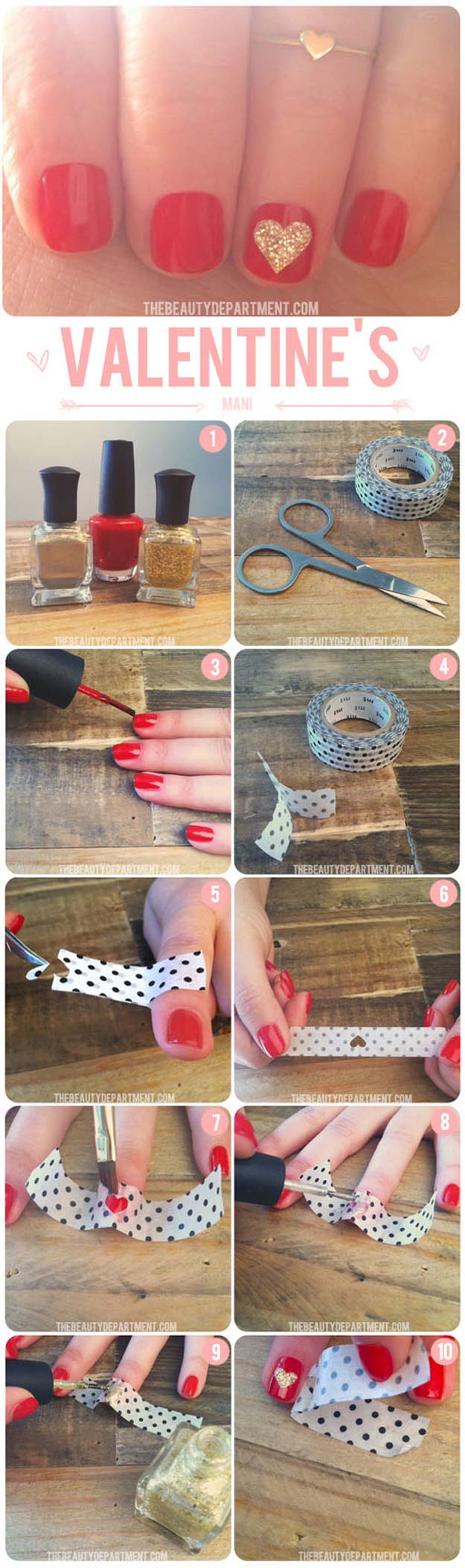 Valentine Nail Art Ideas - Washi Tape Glitter Heart - Cute and Cool Looks For Valentines Day Nails - Hearts, Gradients, Red, Black and Pink Designs - Easy Ideas for DIY Manicures with Step by Step Tutorials - Fun Ideas for Teens, Teenagers and Women 