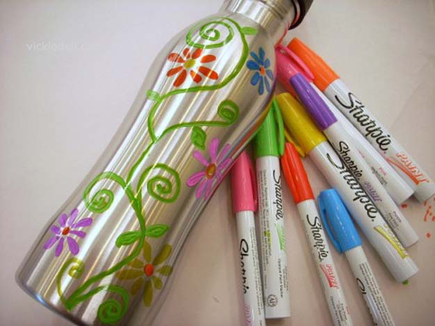 How to decorate Stainless Bottle With Sharpie Paint Markers - DIY Projects and Ideas with Sharpies Using Markers on Fabric, Glass, Mugs, T- Shirts, Plates, Paper - Creative Arts and Crafts Ideas for Room Decor, Gifts and Fun Fashion