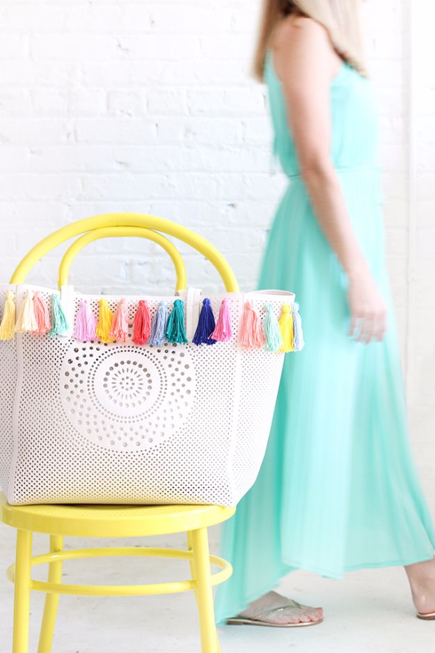 DIY Bags for Summer - DIY Pastel Tassel Beach Bag - Easy Ideas to Make for Beach and Pool - Quick Projects for a Bag on A Budget - Cute No Sew Idea, Quick Sewing Patterns - Paint and Crafts for Making Creative Beach Bags - Fun Tutorials for Kids, Teens, Teenagers, Girls and Adults