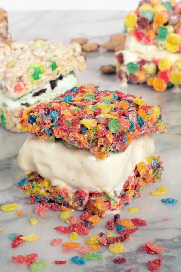 Easy Desserts for Teens to Make at Home - Fruity Pebble Marshmallow Treat Ice Cream Sandwich - Cool Dessert Recipes That Are Simple and Quick Enough For Teens, Teenagers and Older Kids - Best Dorm Snacks and Ideas - Microwave, No Bake, 3 Ingredient, Chocolate, Mug Cakes and More #desserts #teenrecipes #recipes #dessertrecipes #easyrecipes