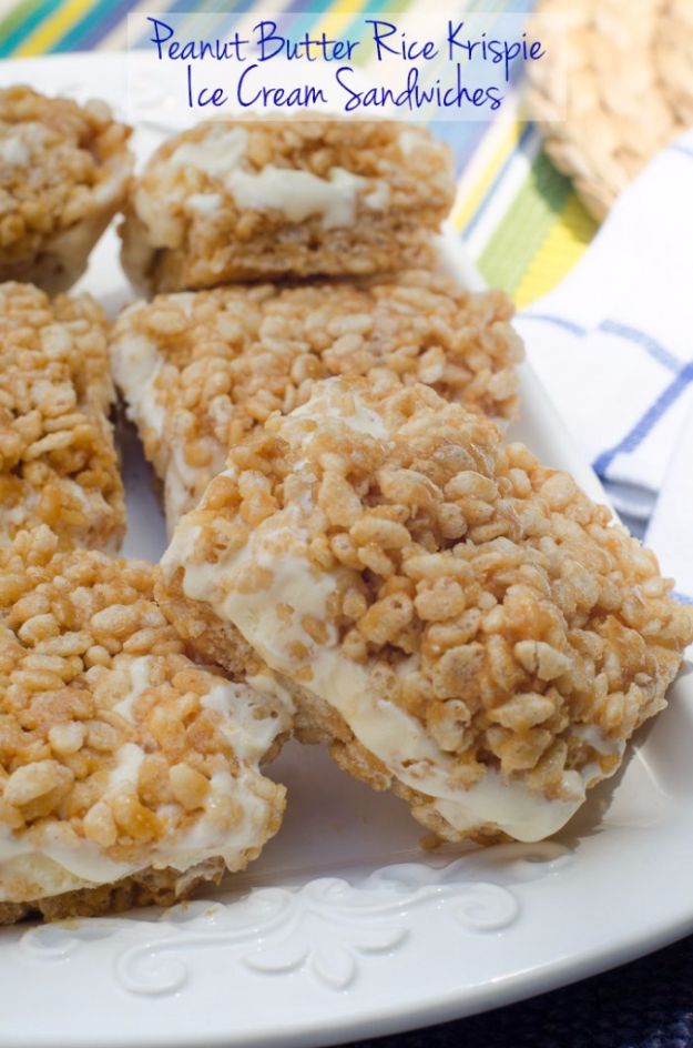 Easy Desserts for Teens to Make at Home - Peanut Butter Rice Krispie Ice Cream Sandwiches - Cool Dessert Recipes That Are Simple and Quick Enough For Teens, Teenagers and Older Kids - Best Dorm Snacks and Ideas - Microwave, No Bake, 3 Ingredient, Chocolate, Mug Cakes and More #desserts #teenrecipes #recipes #dessertrecipes #easyrecipes
