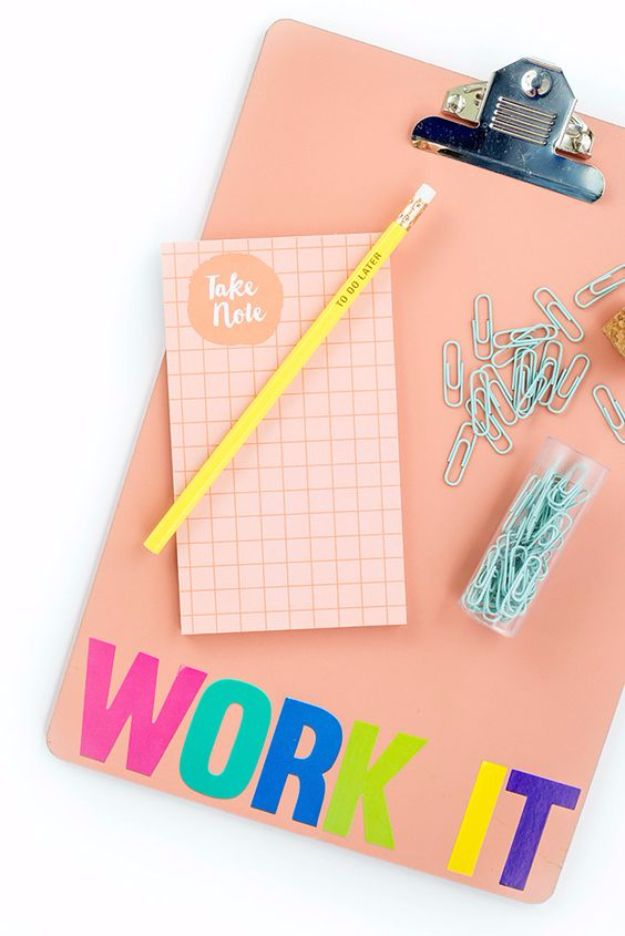DYI Supplies for Going Back to School Ideas - DIY ‘Work It’ Back-To-School Clipboard - Easy Crafts for Kids to Make for Going Back To School - Pencils, Notebooks, Backpacks and Fun Gear for Going Back To Class - Creative DIY Projects for Cheap School Supplies - Cute Crafts for Teens and Kids #backtoschool #teencrafts #kidscrafts #teen #diyideas #crafts