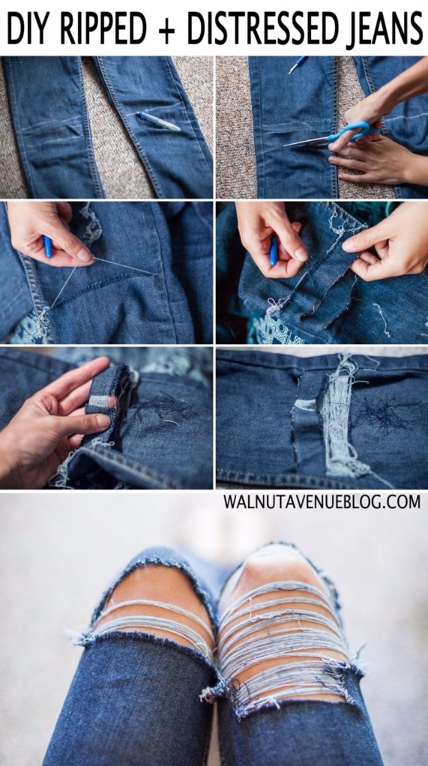 DIY Jeans Makeovers - DIY Distressed Ripped Jeans - Easy Crafts and Tutorials to Refashion and Upcycle Your Jeans and Create Ripped, Distressed, Bleach, Lace Edge, Cut Off, Skinny, Shorts, Skirts, Galaxy and Painted Jeans Ideas - Cool Denim Fashions for Teens, Teenagers, Women #diyideas #diyclothes #clothinghacks #teencrafts