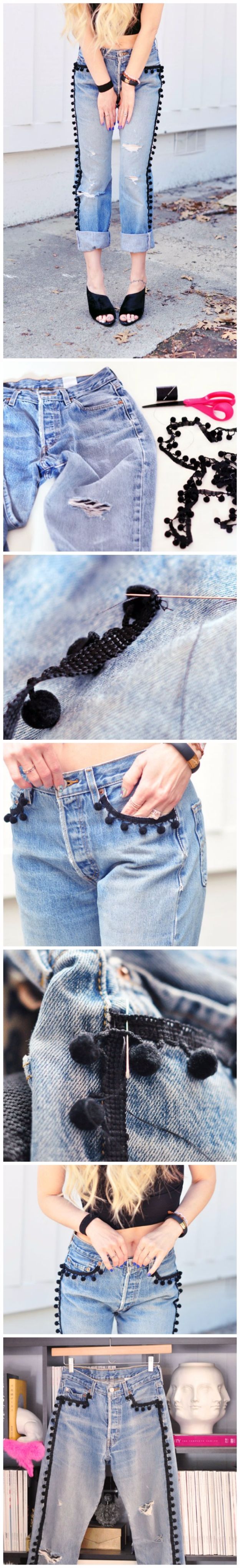 DIY Jeans Makeovers - DIY Pom Pom Jeans - Easy Crafts and Tutorials to Refashion and Upcycle Your Jeans and Create Ripped, Distressed, Bleach, Lace Edge, Cut Off, Skinny, Shorts, Skirts, Galaxy and Painted Jeans Ideas - Cool Denim Fashions for Teens, Teenagers, Women #diyideas #diyclothes #clothinghacks #teencrafts