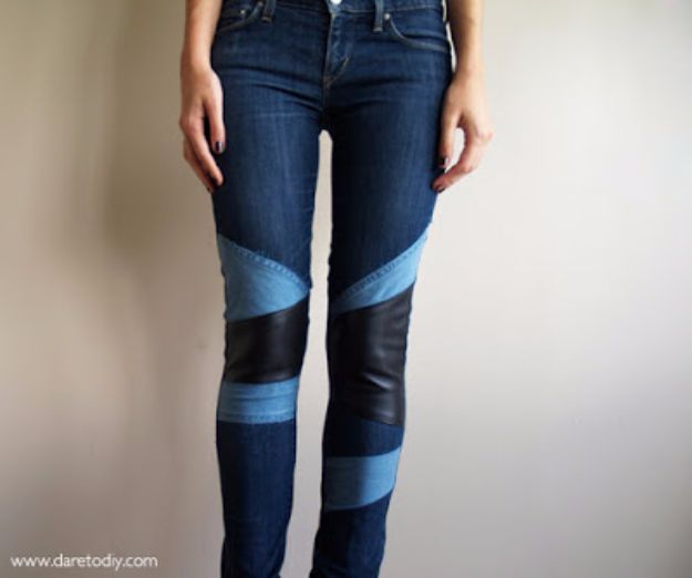 DIY Jeans Makeovers - Denim And Leather Patchwork - Easy Crafts and Tutorials to Refashion and Upcycle Your Jeans and Create Ripped, Distressed, Bleach, Lace Edge, Cut Off, Skinny, Shorts, Skirts, Galaxy and Painted Jeans Ideas - Cool Denim Fashions for Teens, Teenagers, Women #diyideas #diyclothes #clothinghacks #teencrafts