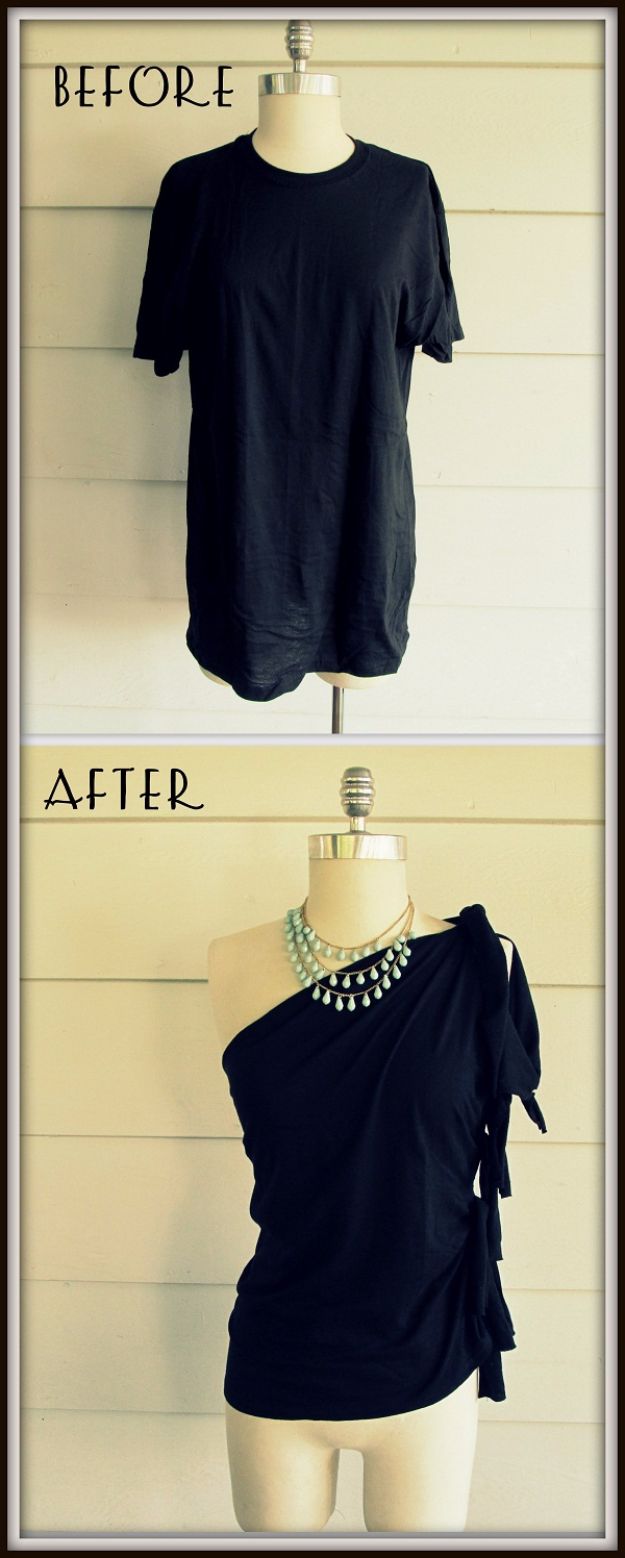 T-Shirt Makeovers - No-Sew One Shoulder Shirt DIY - Fun Upcycle Ideas for Tees - How To Make Simple Awesome Summer Style Projects - Cute Sleeve and Neckline Ideas - Cheap and Easy Ways To Upcycle Tshirts for Fun Clothes and Fashion - Quick Projects for Teens and Teenagers on A Budget #teenfashion #tshirtideas #teencrafts