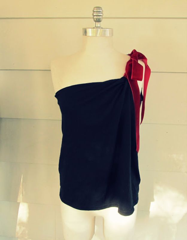 T-Shirt Makeovers - Red Velvet Ribbon One Shoulder Shirt DIY - Fun Upcycle Ideas for Tees - How To Make Simple Awesome Summer Style Projects - Cute Sleeve and Neckline Ideas - Cheap and Easy Ways To Upcycle Tshirts for Fun Clothes and Fashion - Quick Projects for Teens and Teenagers on A Budget #teenfashion #tshirtideas #teencrafts