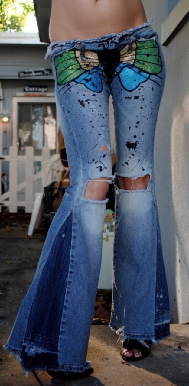 DIY Jeans Makeovers - Social Butterfly Bell Bottom jeans - Easy Crafts and Tutorials to Refashion and Upcycle Your Jeans and Create Ripped, Distressed, Bleach, Lace Edge, Cut Off, Skinny, Shorts, Skirts, Galaxy and Painted Jeans Ideas - Cool Denim Fashions for Teens, Teenagers, Women #diyideas #diyclothes #clothinghacks #teencrafts