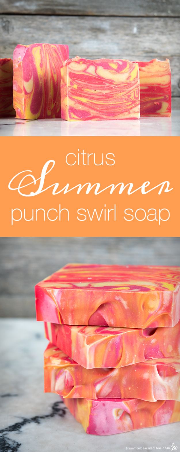 Soap Recipes DIY - Citrus Summer Punch Swirl Soap - DIY Soap Recipe Ideas - Best Soap Tutorials for Soap Making Without Lye - Easy Cold Process Melt and Pour Tips for Beginners - Crockpot, Essential Oils, Homemade Natural Soaps and Products - Creative Crafts and DIY for Teens, Kids and Adults #soaprecipes #diygifts #soapmaking