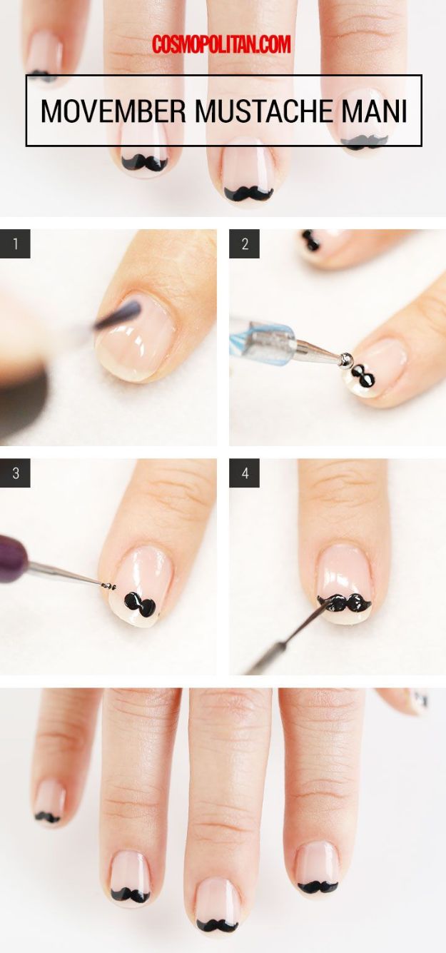 DIY Nail Art Ideas - Mustache Mani - Easy Step by Step Design Idea for Nails - How to Make Manicures at Home Simple - Paint and Polish Tips #nailart #naildesigns #nailart #diynails #diybeauty #naildesigns #teencrafts