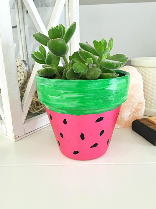 Watermelon Crafts - DIY Handpainted Watermelon Flower Pot - Easy DIY Ideas With Watermelons - Cute Craft Projects That Make Cool DIY Gifts - Wall Decor, Bedroom Art, Jewelry Idea