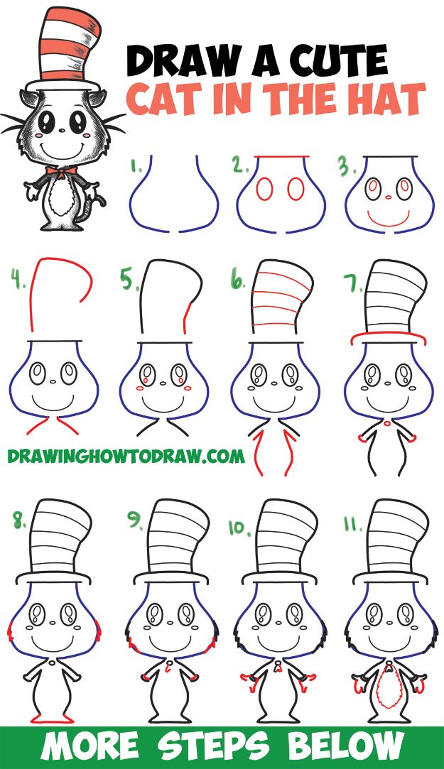 Cool Things to Draw With Step by Step How to - Draw The Cat in the Hat - Quick and Cool Drawing Lessons for Fun Art - How to Draw Basic Things, Cartoons, Animals, Flowers, People